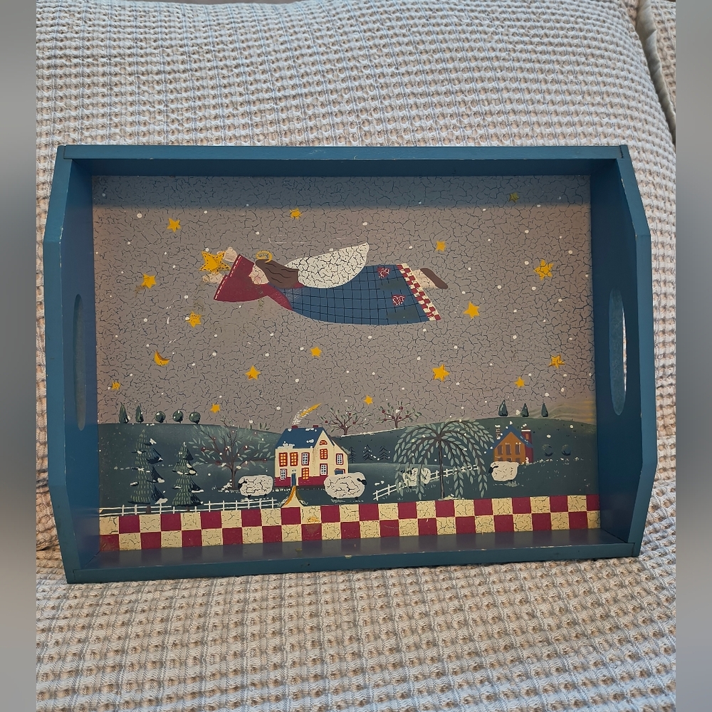 Vintage Wooden Folk Art Flying Angel Serving Tray Country Winter Scene Christmas